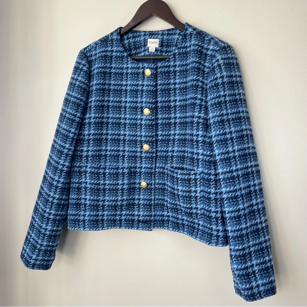 NWT J.Crew Womans 14 Baltic Blue Check Lady Jacket Crop Tweed Blazer Wool Blend